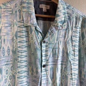 Sun + Stone Mens Abstract Ikat Geometric Print Short Sleeve Rayon Shirt L Large